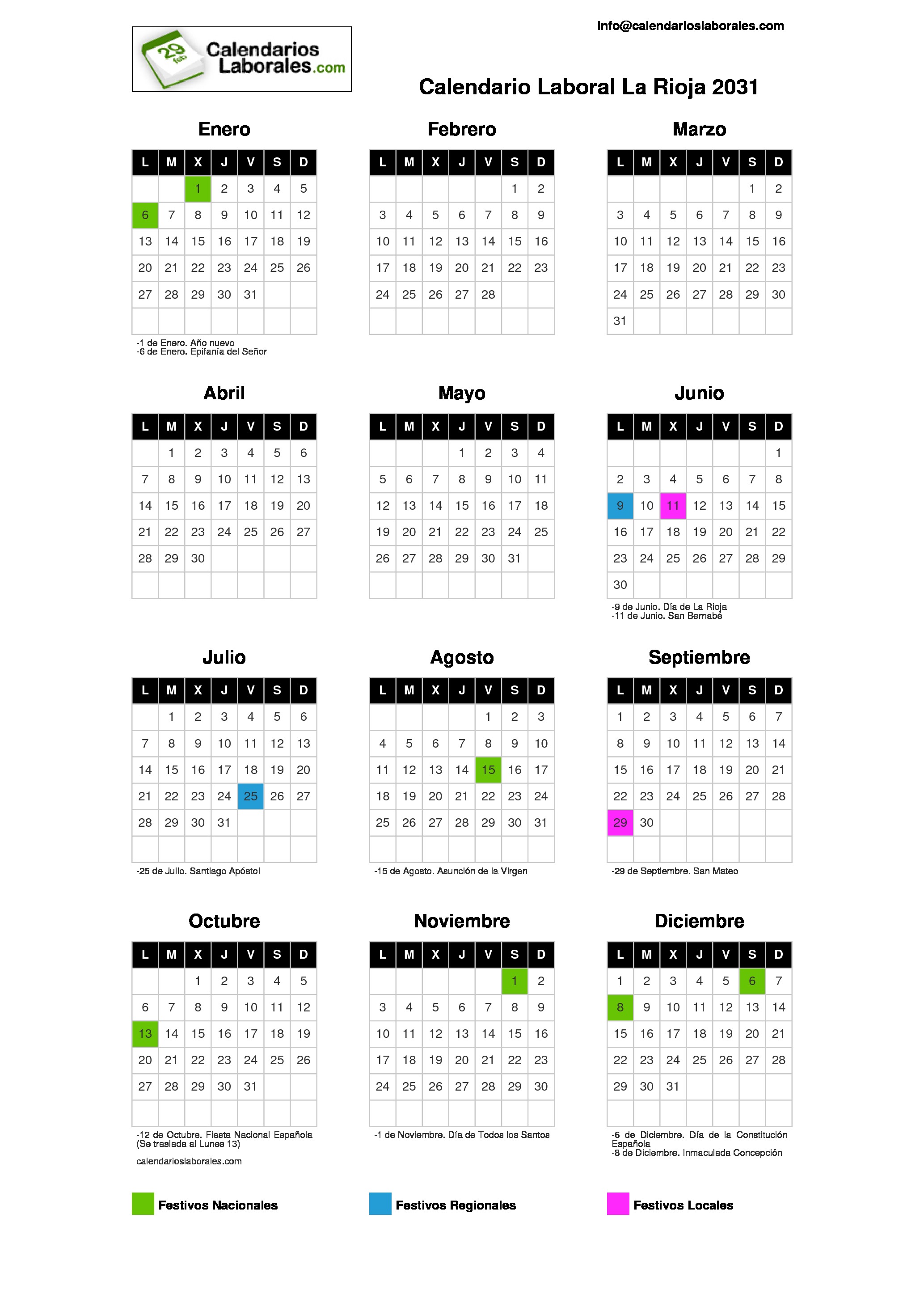 Calendario Laboral Rioja (La) 2031