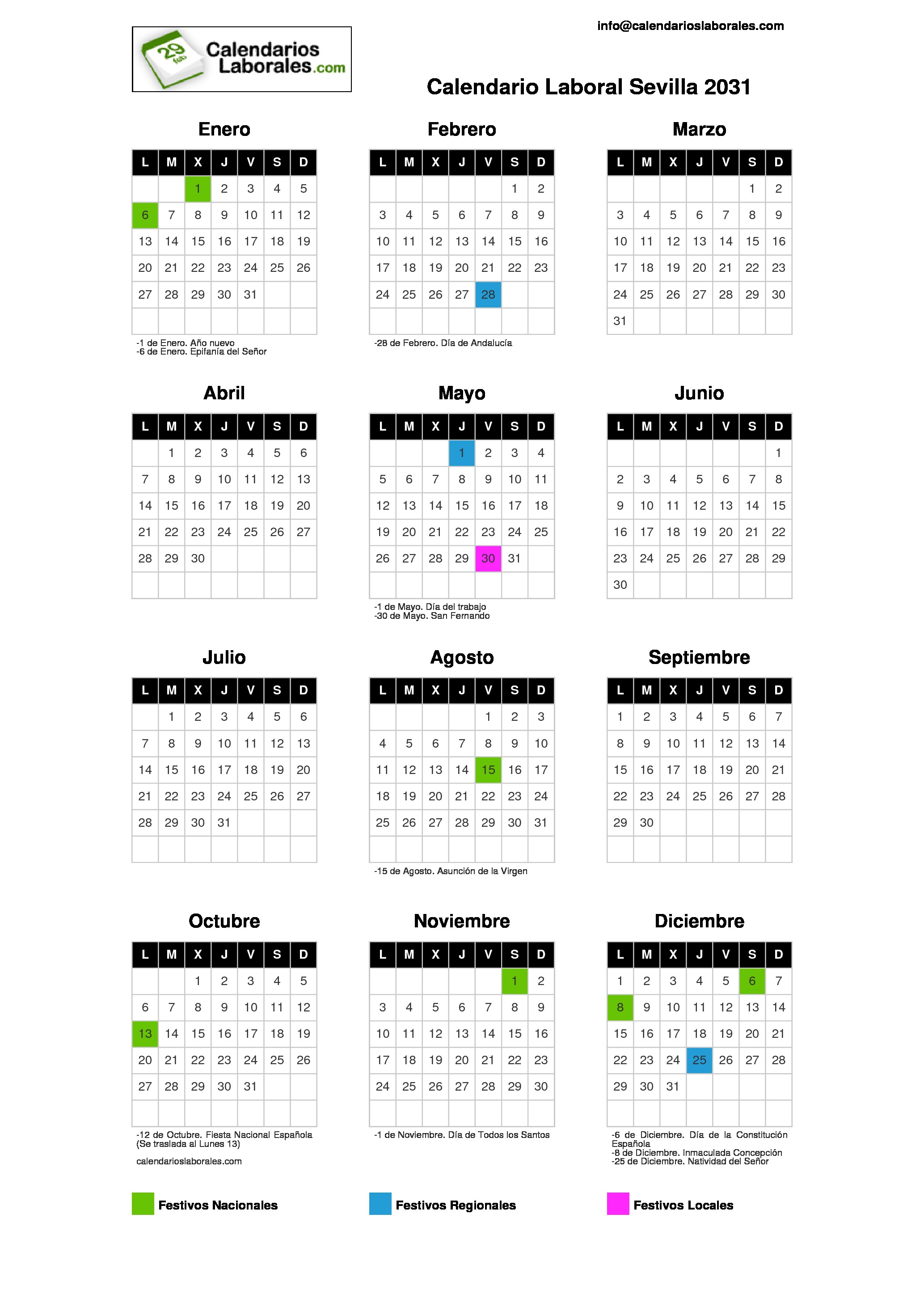 Calendario Laboral Sevilla 2031